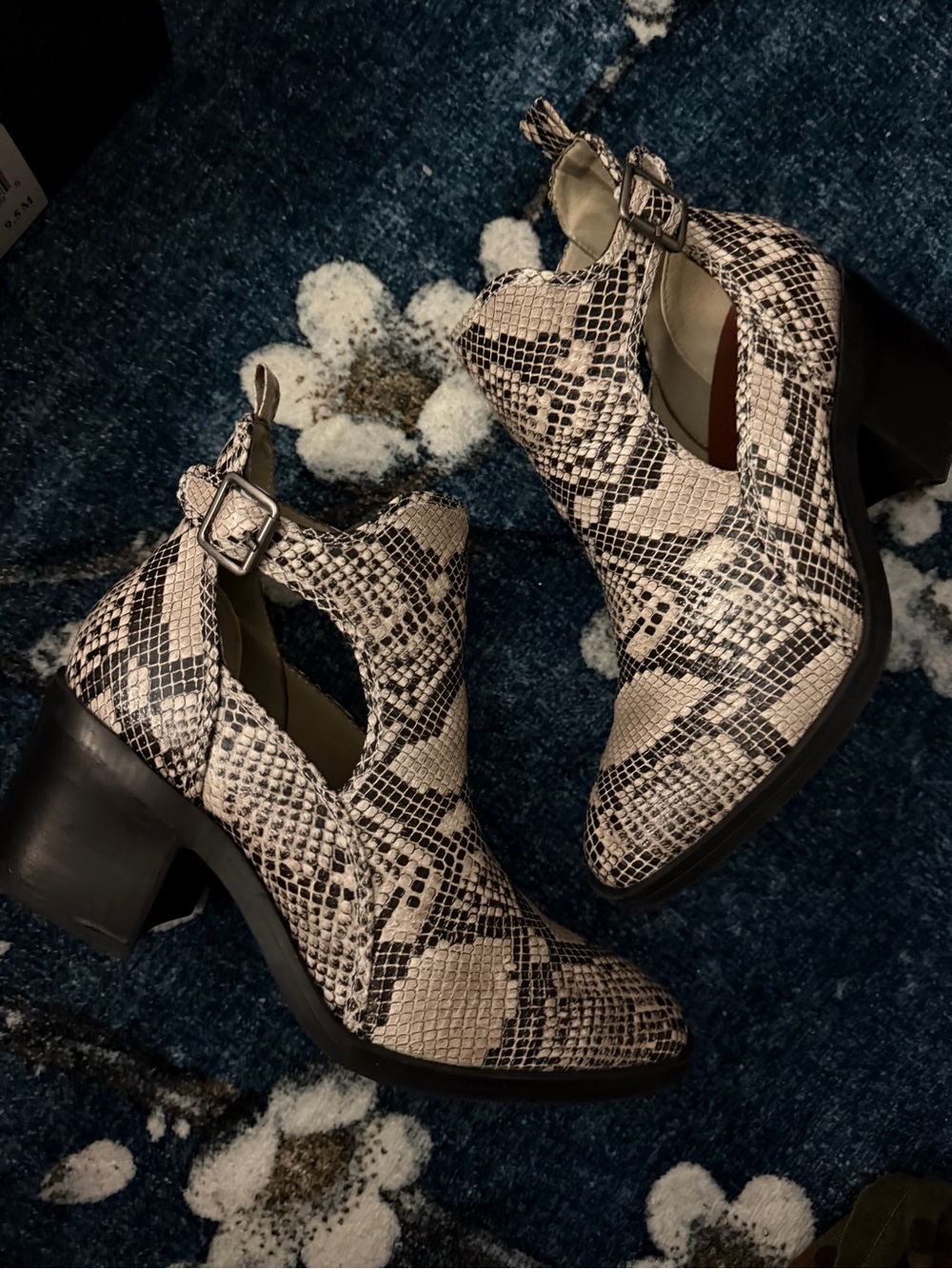 MIA Snake-Print Cutout Block Heel Booties - White and Black